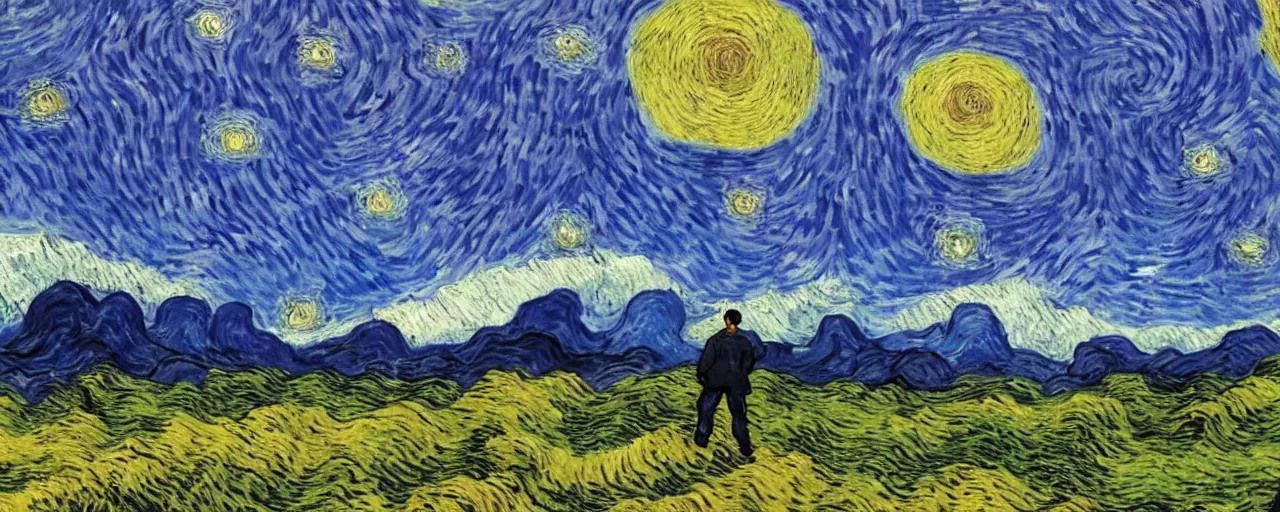 Image similar to landscape, mountain range in foreground, sky, style of Van Gogh starry night, atmospheric, small man in center standing on mountain, mist in valleys