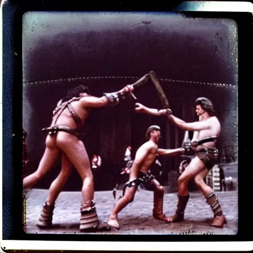 Prompt: a time traveler's polaroid of a real gladiator match