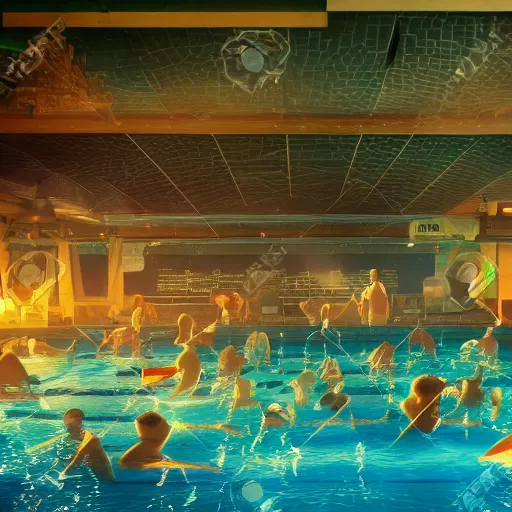 Image similar to photo, ugly old fat men and monsters fighting 5 3 8 2 8 inside a swimming pool, highly detailed, scary, volumetric lighting