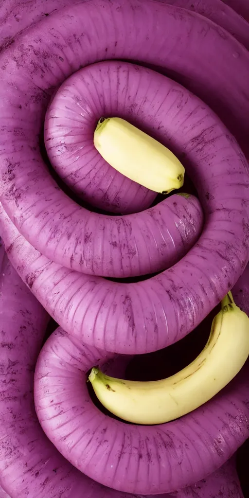 Image similar to a purple ribbed rubber worm smiling from inside a half peeled banana, studio photo, spot lighting, small depth of field, portrait