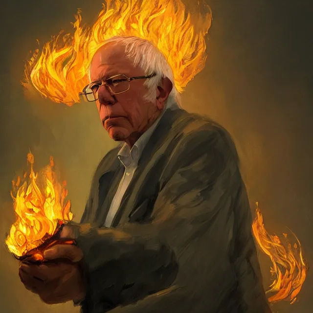 Image similar to Bernie Sanders as a firebender, portrait, elegant, intricate, digital painting, artstation, concept art, smooth, sharp focus, illustration, art by konstantin korovin and Daniel F. Gerhartz and john howe