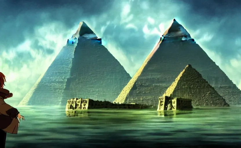 Image similar to a realistic and atmospheric cell - shaded concept art from howl's moving castle ( 2 0 0 4 ) of a futurist sci - fi city and an egyptian pyramid complex in a flooded rainforest. very dull muted colors, hd, 4 k, hq