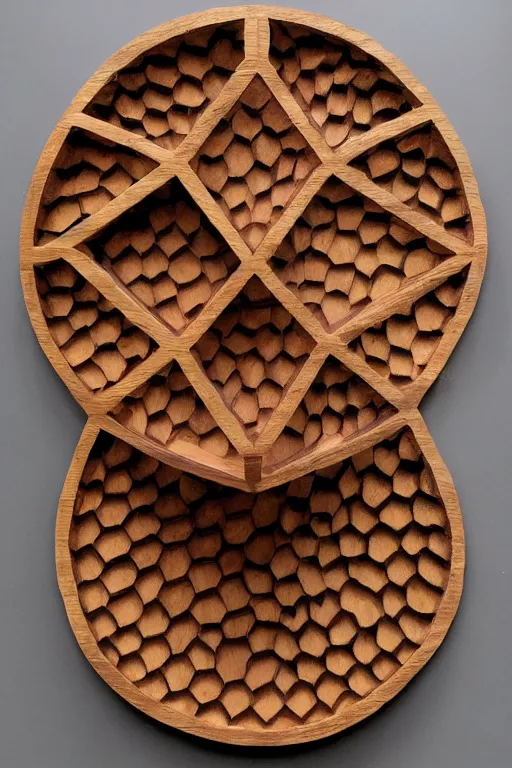 Image similar to non - euclidean labyrynth, abstract wooden carving, realistic, soaked in honeycomb