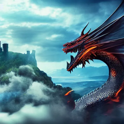 Image similar to a knight with sword leaping on a dragons back as the dragon breathes fire and inflames the ground beneath him, smoke everywhere with castle in distance, stormy, raining, 4 k, hd, realistic