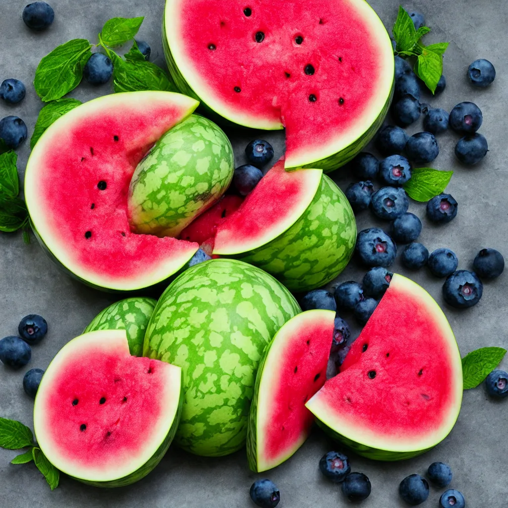 Prompt: blueberry that looks like a watermelon, hyper real, food photography, high quality