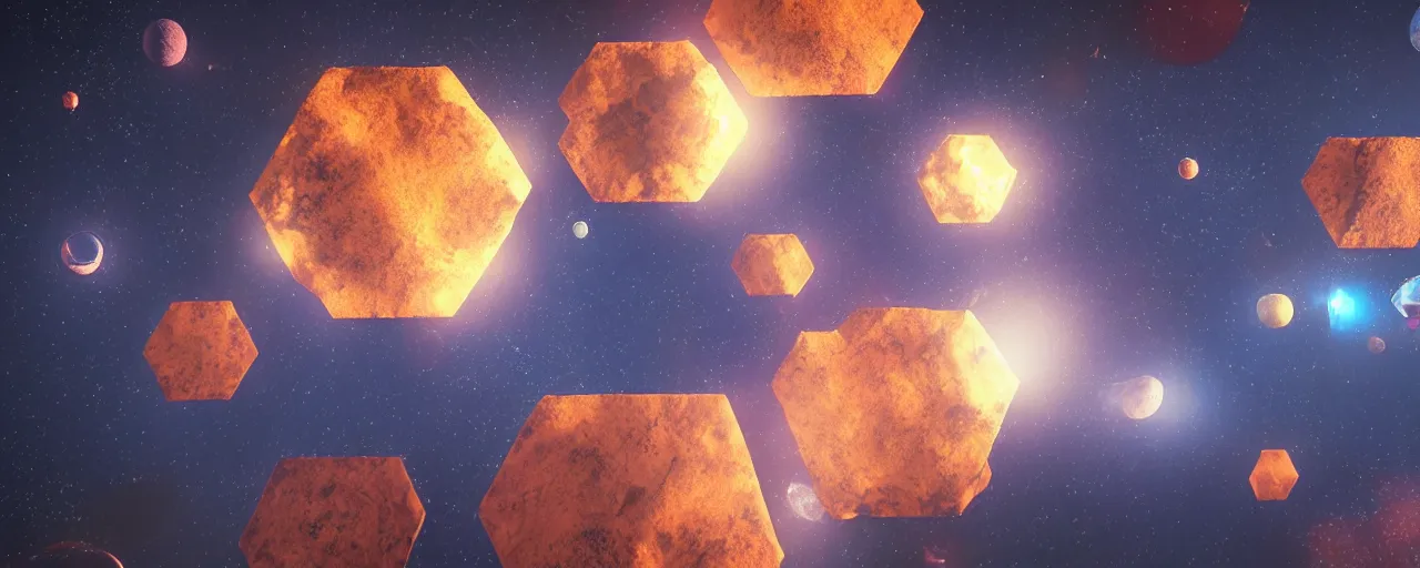 Prompt: a hexagon universe with hexagon shaped planets, hexagon lens flares, hexagonal stones, atmospheric composition, masterpiece, fantastic, octane render, 8K HD Resolution, High quality image