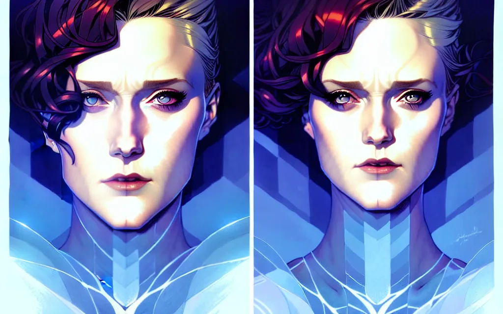 Prompt: artgerm, joshua middleton comic cover art, full body pretty evan rachel wood ice queen, symmetrical eyes, symmetrical face, long curly blue hair, icy forest, chiral lighting