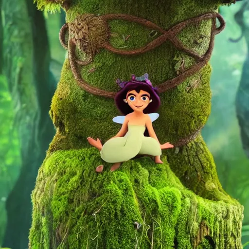 Image similar to fairy sitting on moss covered stump, from the jungle book, disney animation, extremely detailed