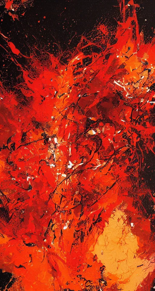 Prompt: pyromagic fuchsiaorange fluid in a dark style by Richard Anderson, Kekai kotaki, Jackson Pollock and craig Mullins