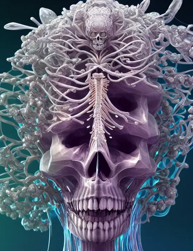 Image similar to 3 d goddess skeleton macro close - up portrait with crown made of ram skull. betta fish, jellyfish phoenix, bioluminiscent fire, plasma, ice, water, wind, creature, super intricate ornaments artwork by tooth wu and wlop and beeple and greg rutkowski