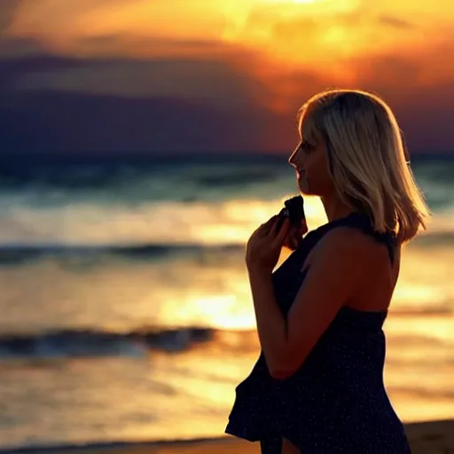 Prompt: a beautiful blonde woman photographing at sunset on a beach, hyper realistic, very detailed