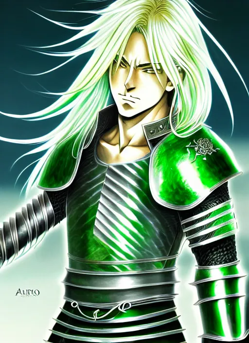 Image similar to a detailed manga full body portrait illustration of a man with long blonde hair wearing bladed jade green armour by hirohiko araki, detailed artwork, realism, 4 k resolution, detailed, high quality, sharp focus, hq artwork, insane detail, volumetric lighting, character concept art, fine details, clear subject, central subject