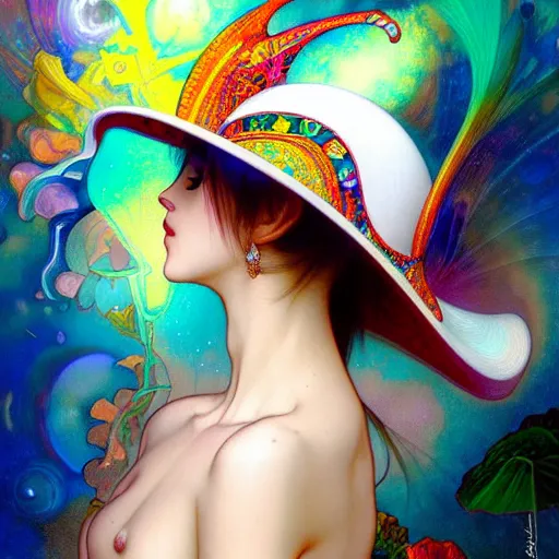 Image similar to An extremely psychedelic celestial white fedora hat, colorful, surreal, dramatic lighting, magic mushrooms, psilocybin, LSD, face, detailed, intricate, elegant, highly detailed, digital painting, artstation, concept art, smooth, sharp focus, illustration, art by Krenz Cushart and Artem Demura and alphonse mucha