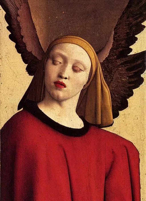 Image similar to Profile of Fallen Angel dressed in red, Medieval painting by Jan van Eyck, Johannes Vermeer, Florence