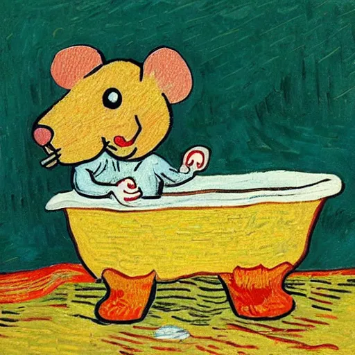 Prompt: Mouse with a cup of coffee in a bathtub in the style of Van Gogh