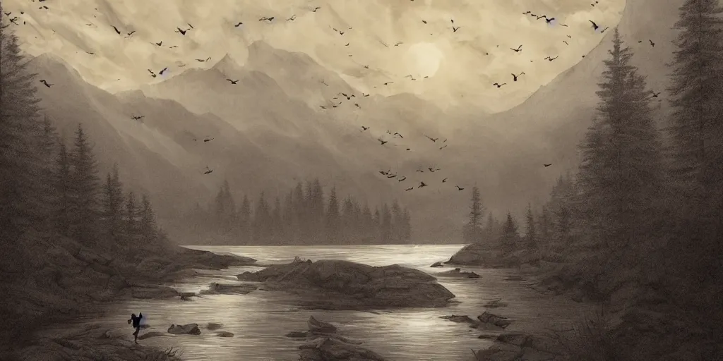 Prompt: A majestic landscape featuring a river, mountains and a forest. A group of birds is flying in the sky. There is a dog and an old man standing, wearing a backpack and staring at the sunset. Cinematic, very beautiful, pencil drawing