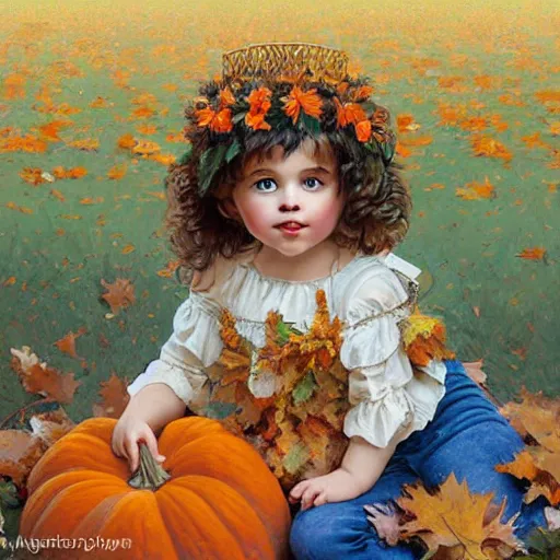 Image similar to a cute little girl with light brown wavy curly hair and blue eyes sitting amidst piles of pumpkins. beautiful cute highly detailed face. she is wearing a crown of autumn leaves. autumn and fall and halloween themed painting by alphonse mucha and artgerm and greg rutkowski.