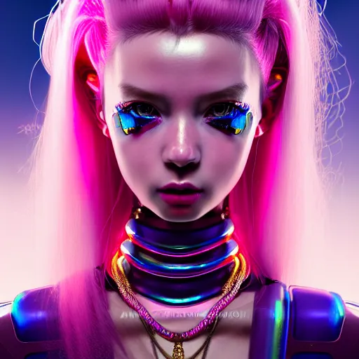 Prompt: hyperdetailed portrait of a stunningly beautiful pink cyberpunk cute european girl made of metals and shiny iridescent gems, bright rainbow nimbus, gold necklace, smoke background inspired by ross tran and masamune shirow and kuvshinov, intricate, photorealistic, octane render, rtx, hdr, unreal engine, dnd digital art by artgerm