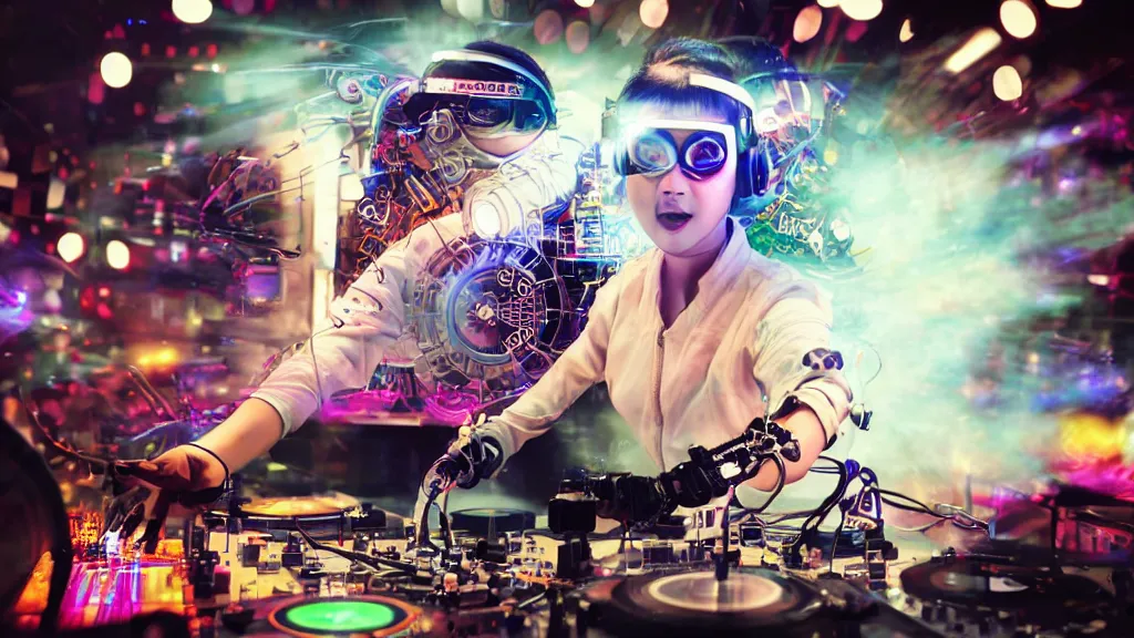 Image similar to an asian woman wearing goggles and visor and headphones using an intricate clockwork record player turntable contraption, robot arms, turntablism dj scratching, intricate planetary gears, smoky atmosphere, cinematic, sharp focus, led light strips, bokeh, iridescent, black light, fog machine, hazy, lasers, spotlights, motion blur, color