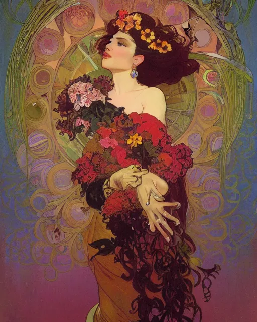 Image similar to flowerpunk portrait of a fierce matriarch by paul lehr, alphonse mucha