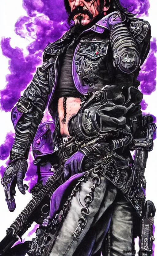 Image similar to full body portrait of lemmy killmeister with a lot of purple smoke!!!, concept art, sumi - e style, intricate linework, artstation, trending, highly detailed, smooth, focus, art by yoji shinkawa and glenn fabry,