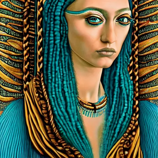 Image similar to sandro botticelli portrait of egyptian sumerian goddess princess intergalactica, nautical siren, queen of heaven, techno mystic goddess, with aqua neon dreadlocks, teal eyebrows encrusted with diamonds, wearing iris van herpen haute couture, star - gate of futurisma,