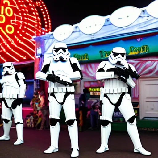 Image similar to stormtroopers trying to prizes at a fairground, dynamic lighting