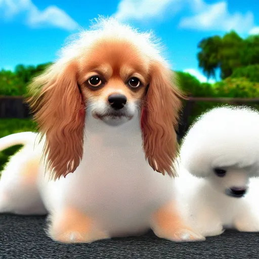 Prompt: a photorealistic closeup image of a cute brown colored long haired chihuahua cocker spaniel dog playing with a happy white bichon frise dog at beverly hills park. brightly lit. extreme detail. 4 k hd unreal engine