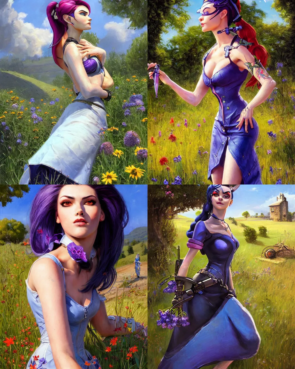 Prompt: portrait, widowmaker from overwatch wearing a beautiful summer dress in the countryside, by greg staples and jeff easley, beautiful scene, hyperrealistic, intricate, summer day, sunlight, cheerful, soft lighting, detailed