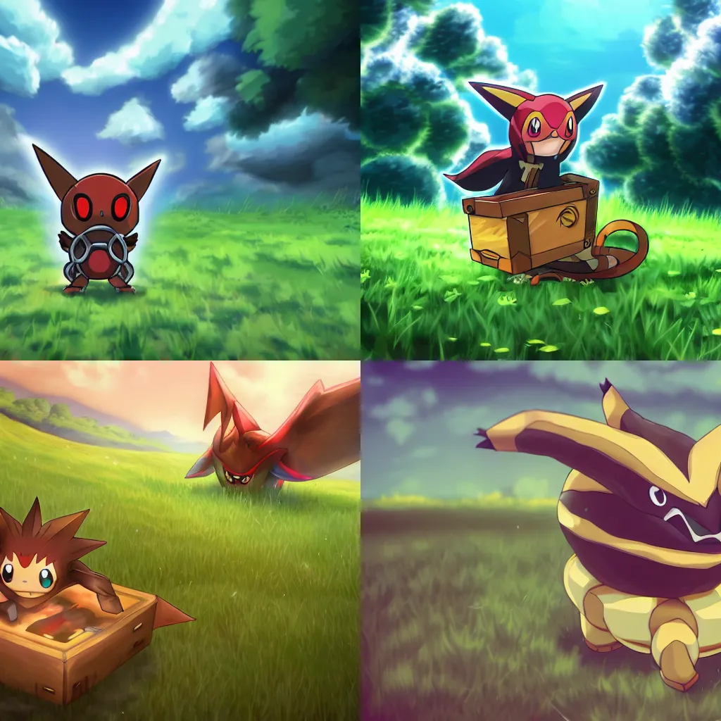 Prompt: a mimic chest pokemon, sitting in a grass field in the style of anime, wallpaper, HD, trending on artstation