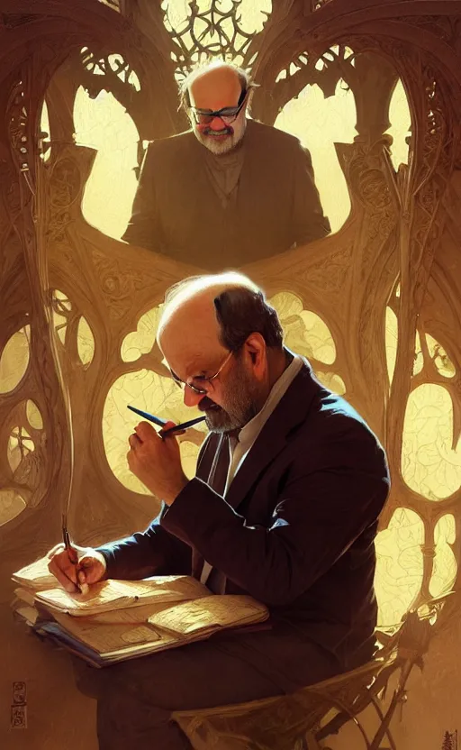 Image similar to portrait of salman rushdie writing, deep focus, d & d, fantasy, intricate, elegant, highly detailed, digital painting, artstation, concept art, matte, sharp focus, illustration, art by artgerm and greg rutkowski and alphonse mucha