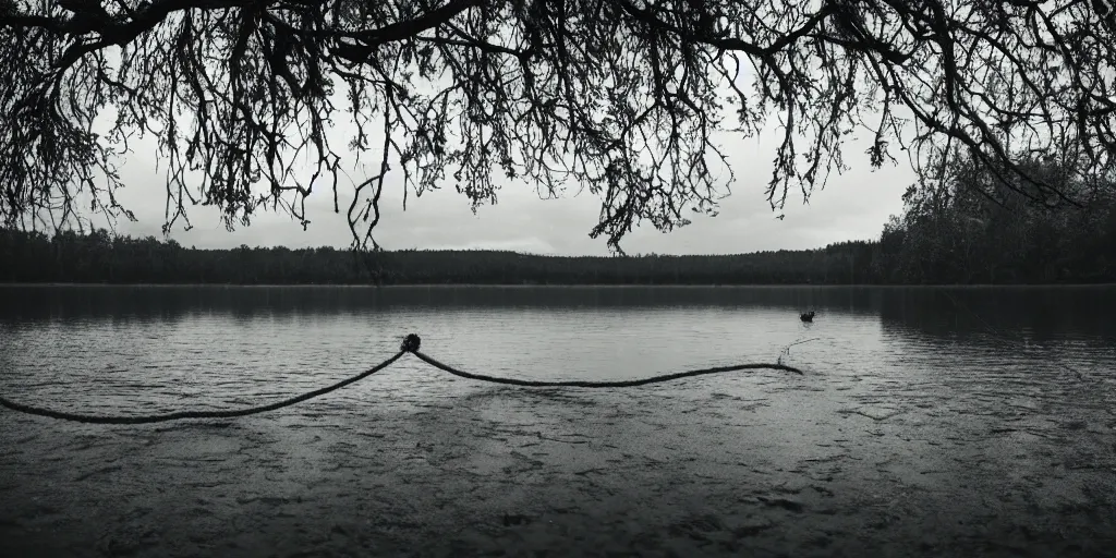 Image similar to symmetrical photograph of an infinitely long rope submerged on the surface of the water, the rope is snaking from the foreground towards the center of the lake, a dark lake on a cloudy day, trees in the background, moody scene, anamorphic lens