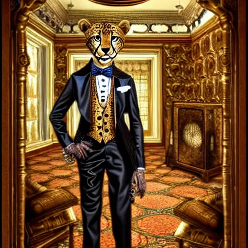 Prompt: A steampunk anthropomorphic cheetah wearing a suit in an opulent palace room by James Gurney. Highly detailed. Incredibly beautiful. Photorealistic.