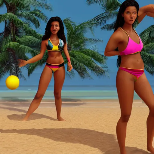 Prompt: A brown girl with black curly hair playing beach volleyball at the beach, highly detailed, artstation, 8k,