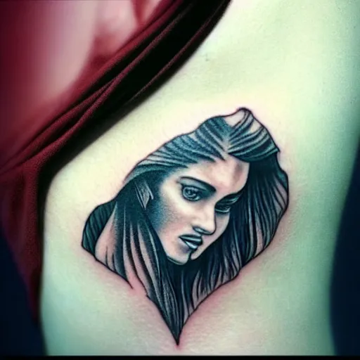 Image similar to tattoo realism design of a beautiful girl with a mountain scenery next to her, hyper realistic