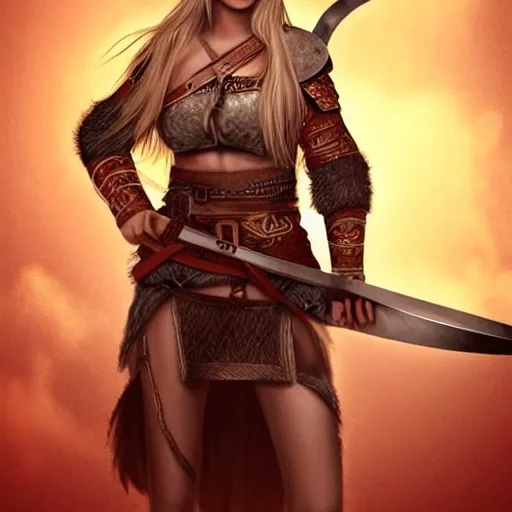 Image similar to « pretty, hot viking girl, with a sword, detailed, full body portrait »