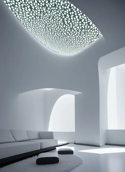 Image similar to bright white zen livingroom with walls made of smooth daisies by zaha hadid, up close shot, sharp focus, global illumination, radiant light, irakli nadar, octane highly render, 4 k, ultra hd,