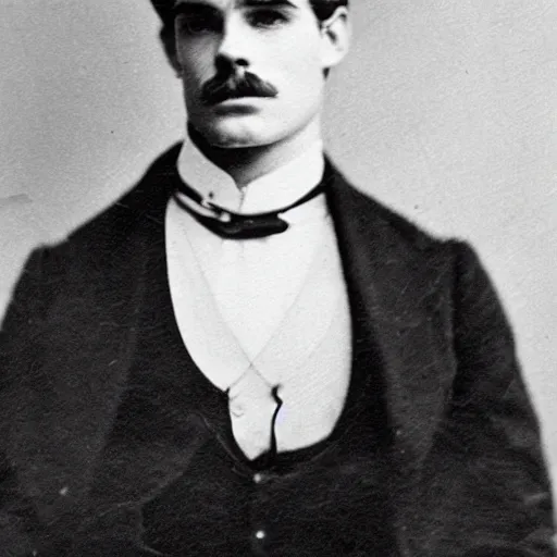 Image similar to edwardian photograph of a mix of billie eilish and henry cavill, male, 1 9 0 0 s, 1 9 1 0 s, grainy, slightly blurry, faded, realistic face