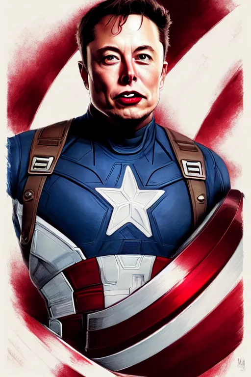 Image similar to elon musk as captain america, marvel character, portrait, highly detailed, digital painting, artstation, concept art, smooth, sharp focus, illustration, cinematic lighting, art by artgerm and greg rutkowski and alphonse mucha