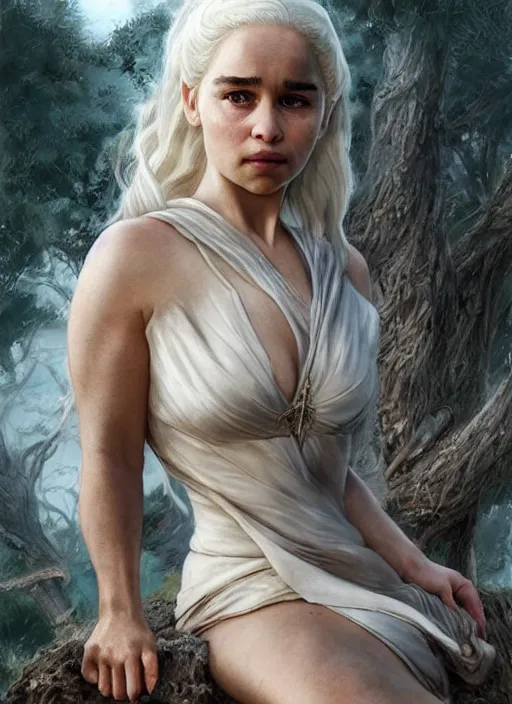 Image similar to Emilia Clarke as Daenerys Targaryen taking a rest under tree after an long adventure, a ruggedly muscled handsome heroine, intricate, elegant, highly detailed, centered, digital painting, artstation, concept art, smooth, sharp focus, illustration, artgerm, donato giancola, Joseph Christian Leyendecker, WLOP, Artgerm, thunder storm