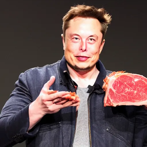 Image similar to elon musk holding a piece of meat, offering it to you