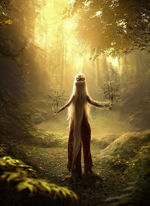 Image similar to magical forest with gold and silver leafs, music, girl with blond long hair back view, elves, lord of the rings style, ultra detailed, trending on artstation, concept art, octane render, unreal engine,