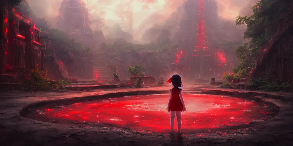 Image similar to a lost city with a loli in red standing in the middle of the road, 4 k resolution, ultra detailed, matte oil painting, mysterious, artstation