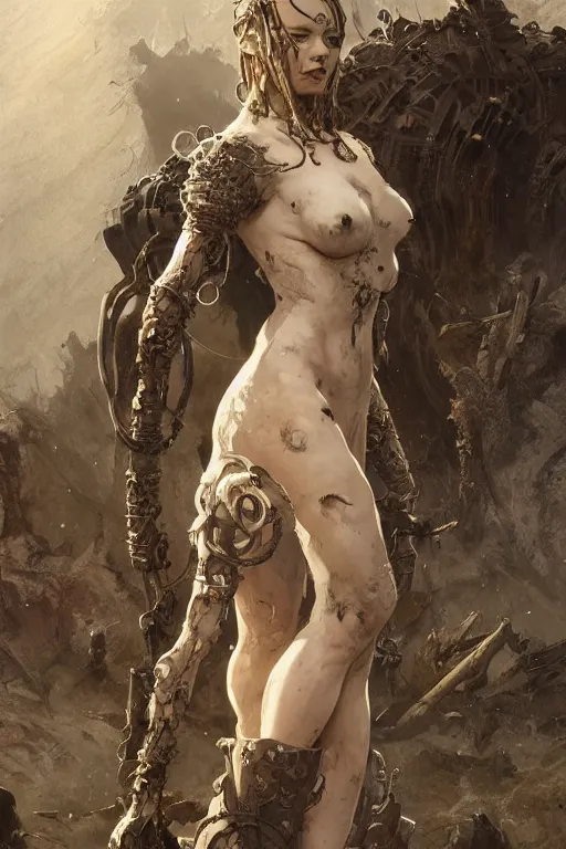 Image similar to a full body portrait of a beautiful post apocalyptic offworld nordic necromancer reposed by the bubbling mud pits, intricate, elegant, highly detailed, digital painting, artstation, concept art, smooth, sharp focus, illustration, art by krenz cushart and artem demura and alphonse mucha