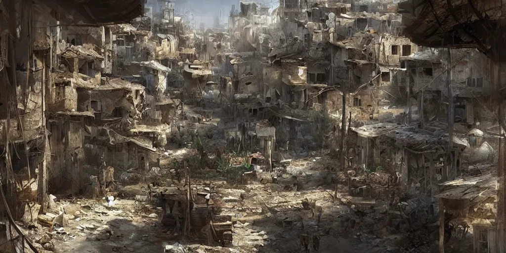 Image similar to hyper realistic, beautiful syrian slums village, concept art, for modern warfare, painted by greg rutkowski, highly detailed,