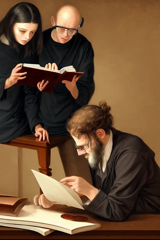 Image similar to portrait of two wise and very beautiful scientists reviewing some texts, intricate, elegant, highly detailed, smooth, sharp focus, artstation