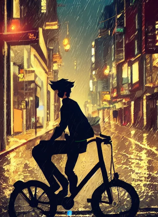 Prompt: uber eats delivery driver on a bicycle, night, rain, lofi, lofi, peaceful, street light, anime key visual, poster, street wears, anime, by wlop, high quality, 4 k, trending, trending on artstation