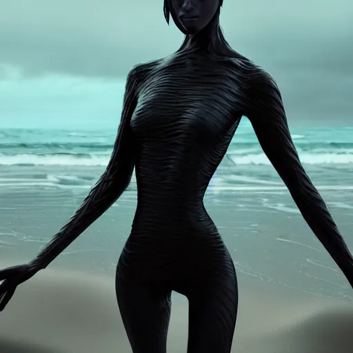 Image similar to a stunning cinematic extreme wide shot of a beautiful confident slick sleek smooth humanoid sea monster wearing clothes made of seaweed on a dark stormy beach, well designed perfect with huge sad eyes, sharp claws, cgsociety, hd octane render, fantasy, furry art, artstation, deviantart, furaffinity, very very clean