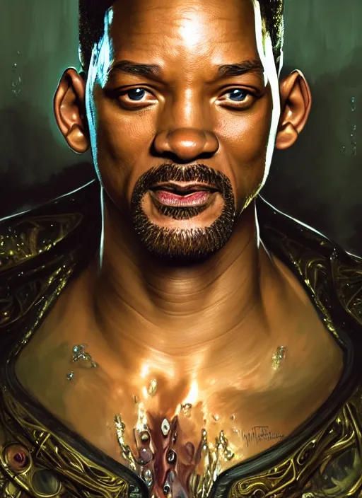 Image similar to portrait of will smith, d & d, wet, shiny, fantasy, intricate, elegant, hyper detailed, ultra definition, photoreal, artstation, unreal engine rendered, concept art, smooth, sharp focus, illustration, art by artgerm and greg rutkowski and alphonse mucha and garis edelweiss