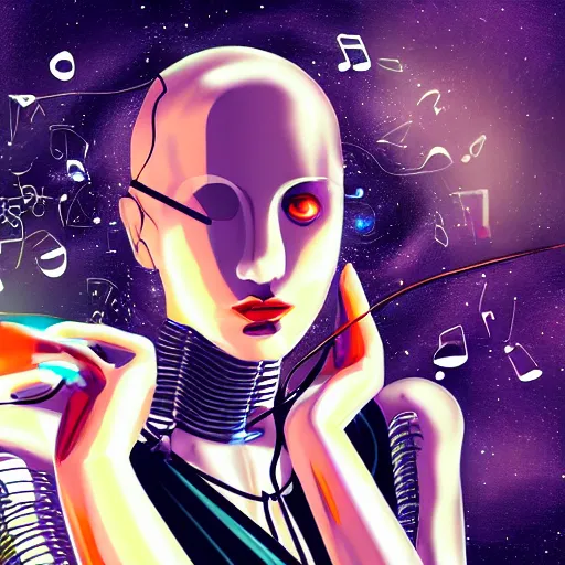 Image similar to art of female cyborg playing techno music, choker, wires, trippy space background, realistic